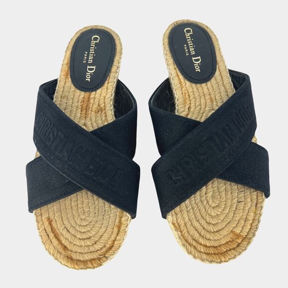 Christian Dior Canvas Embroidered Granville Espadrille Crisscross Flat Sandals - Picture 1 of 15